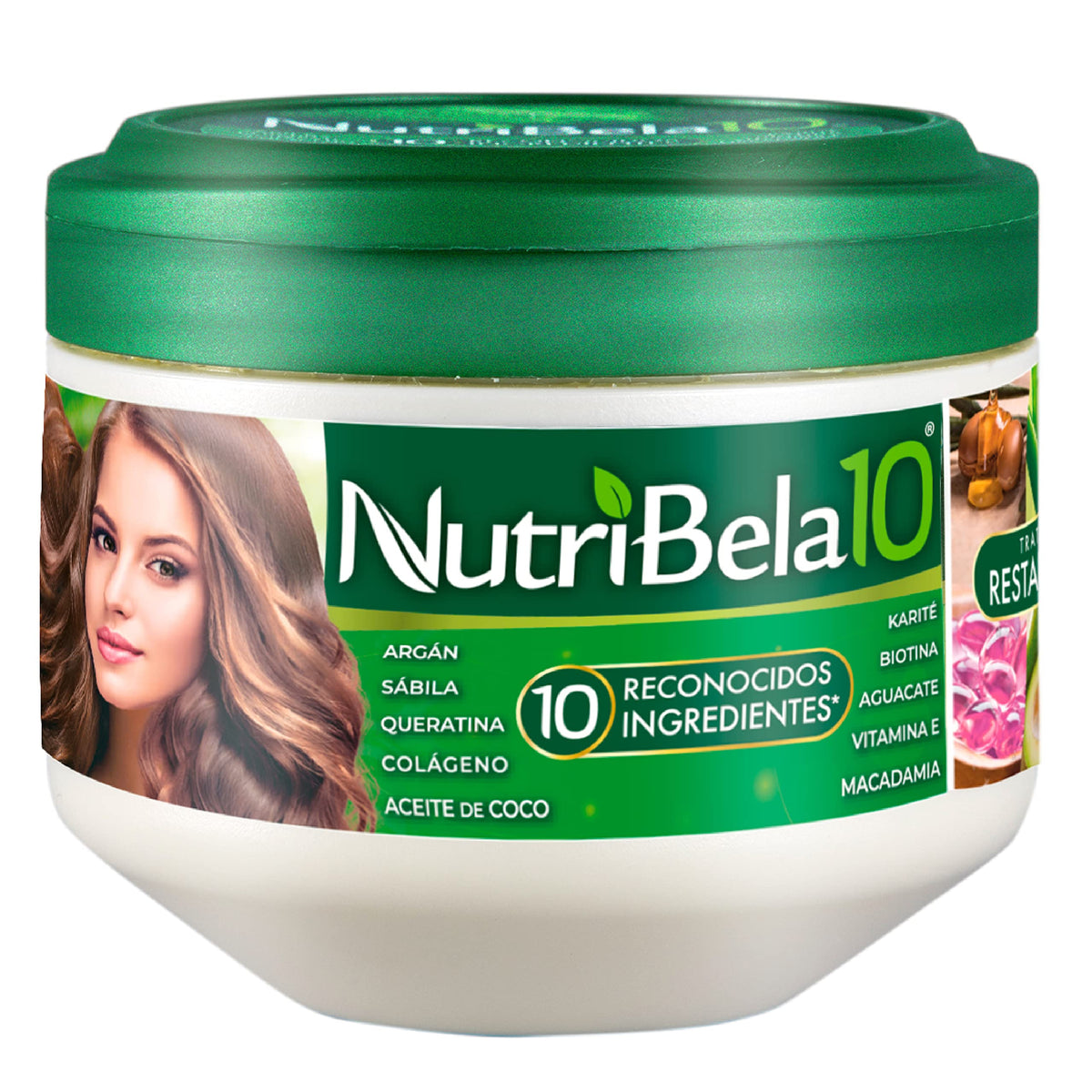 NUTRIBELA10 front jar showing product and size benefits
