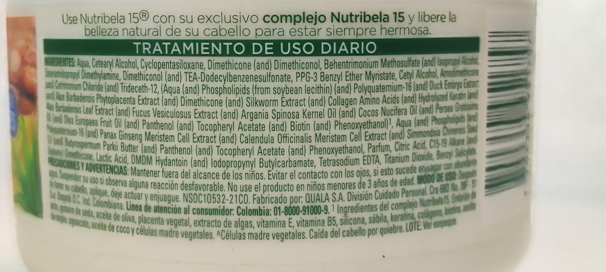 Nutribela 15 label detail showing ingredient panel and Nutribela 15 complex for transparency