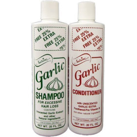 Nutrine front packaging showing unscented garlic shampoo and conditioner combo benefits