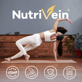 Woman holding Nutrivein bottle in mirror showing hair-care complement