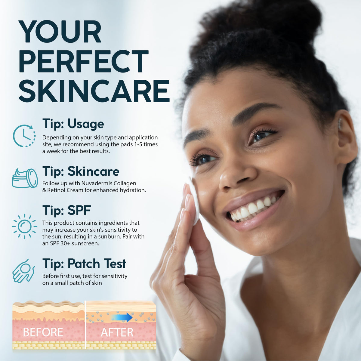 NUVADERMIS pads on bathroom counter illustrating routine and radiance benefit