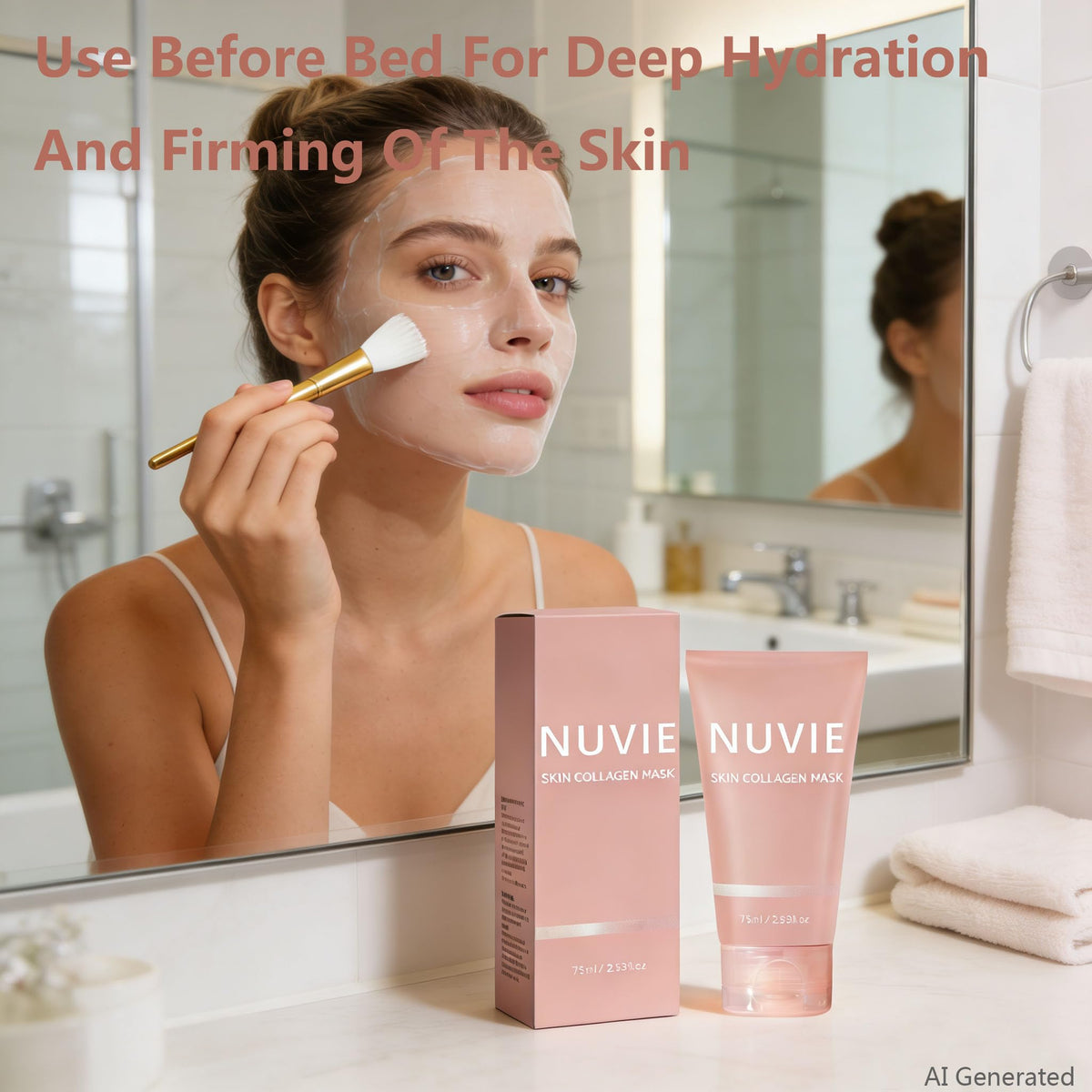 Nuvie Skin being applied to model's face, promoting overnight hydration