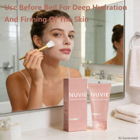 Nuvie Skin being applied to model's face, promoting overnight hydration