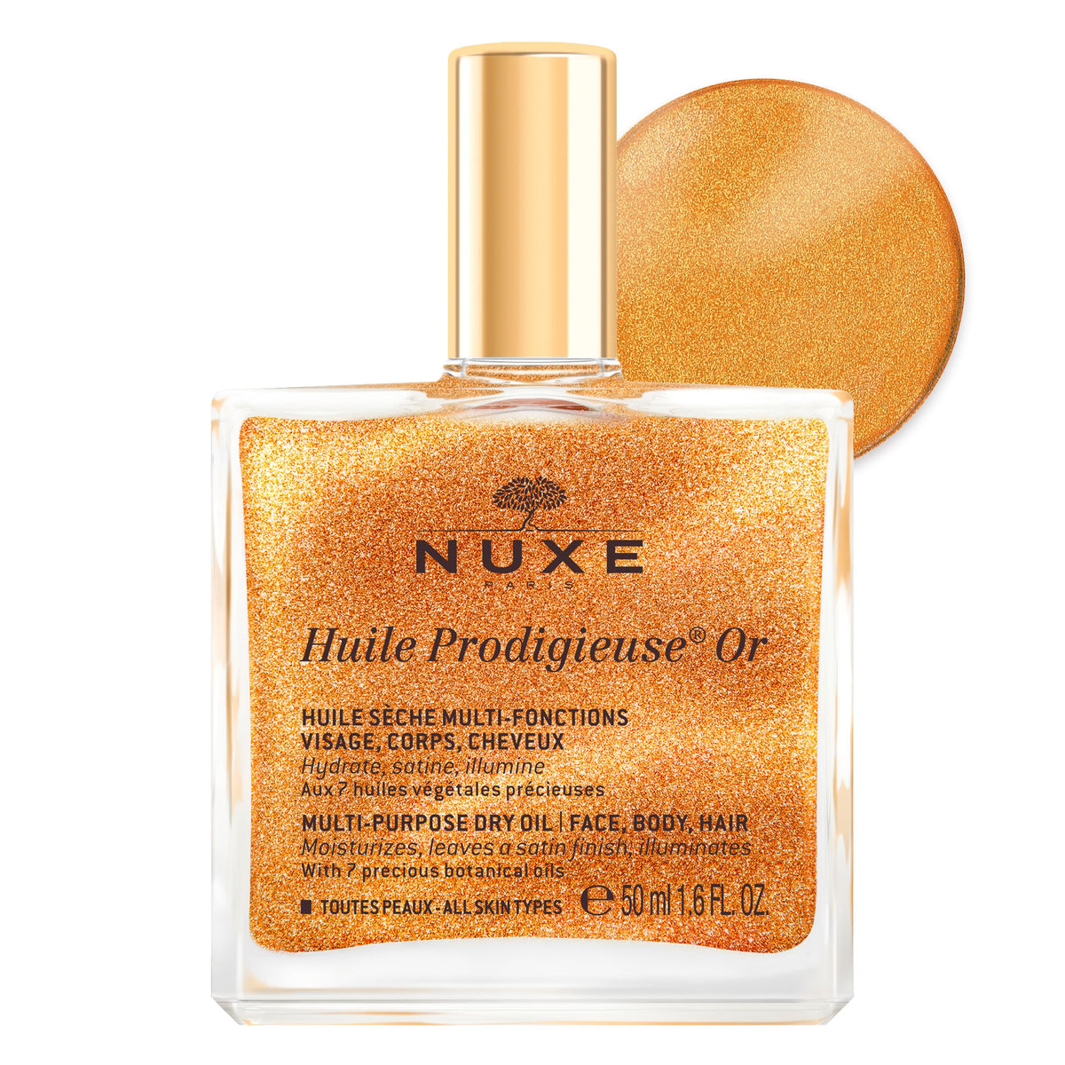 NUXE bottle front view showing shimmer and radiant hydration