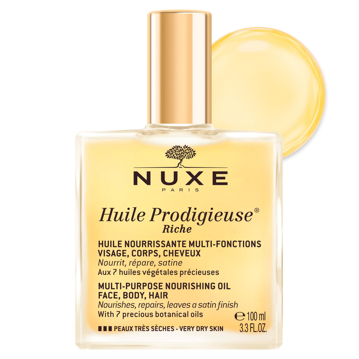 NUXE front packaging showing bottle and rich oil benefit hydration