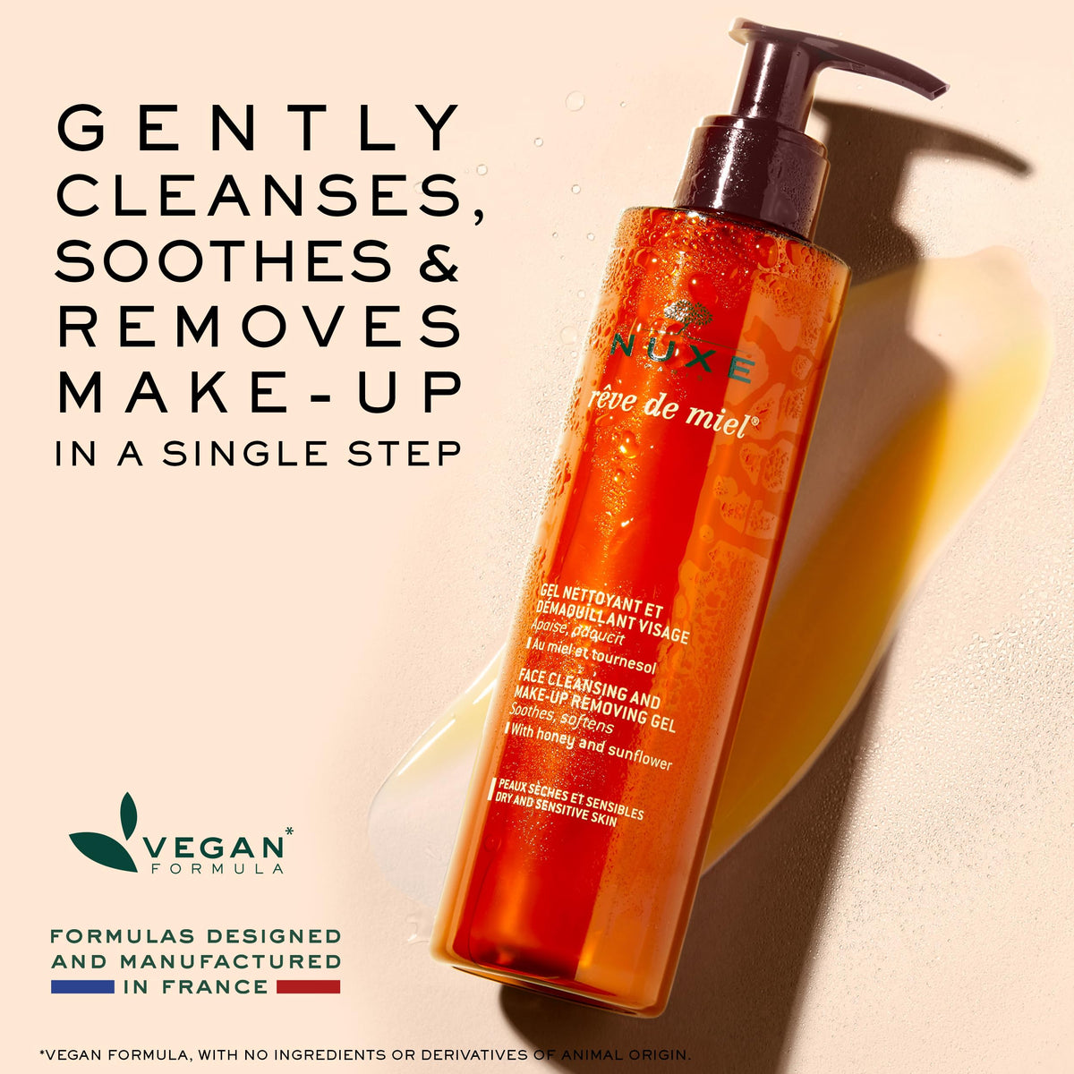 NUXE gel texture in palm illustrating gentle, non-stripping cleansing benefit
