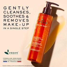 NUXE gel texture in palm illustrating gentle, non-stripping cleansing benefit