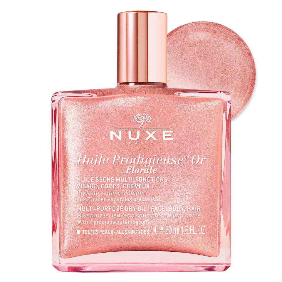 NUXE bottle front packaging showing elegant label and rose-gold hue, enhances daily glow