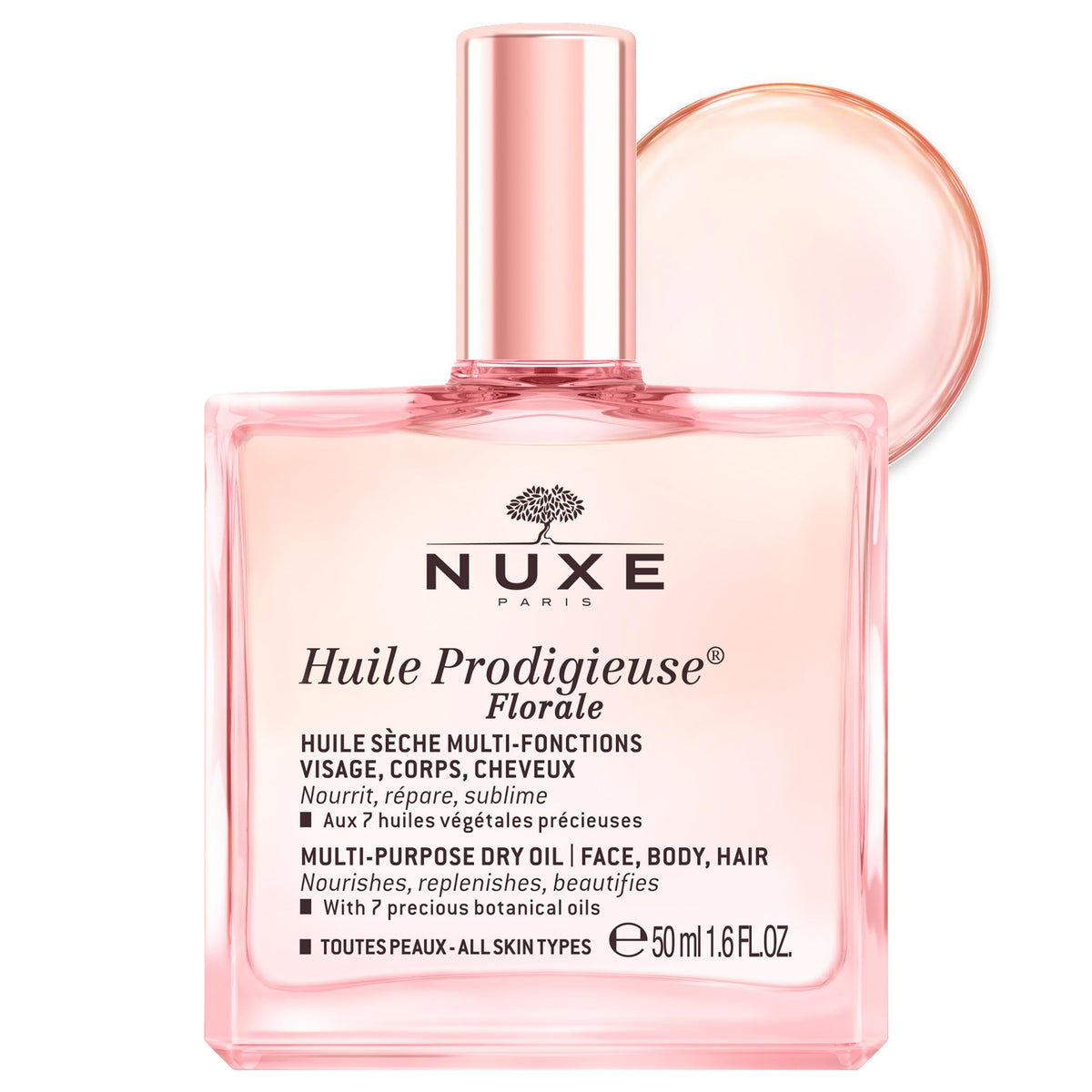 NUXE Huile Prodigieuse Floral front packaging showing elegant bottle and label benefit: portable glow
