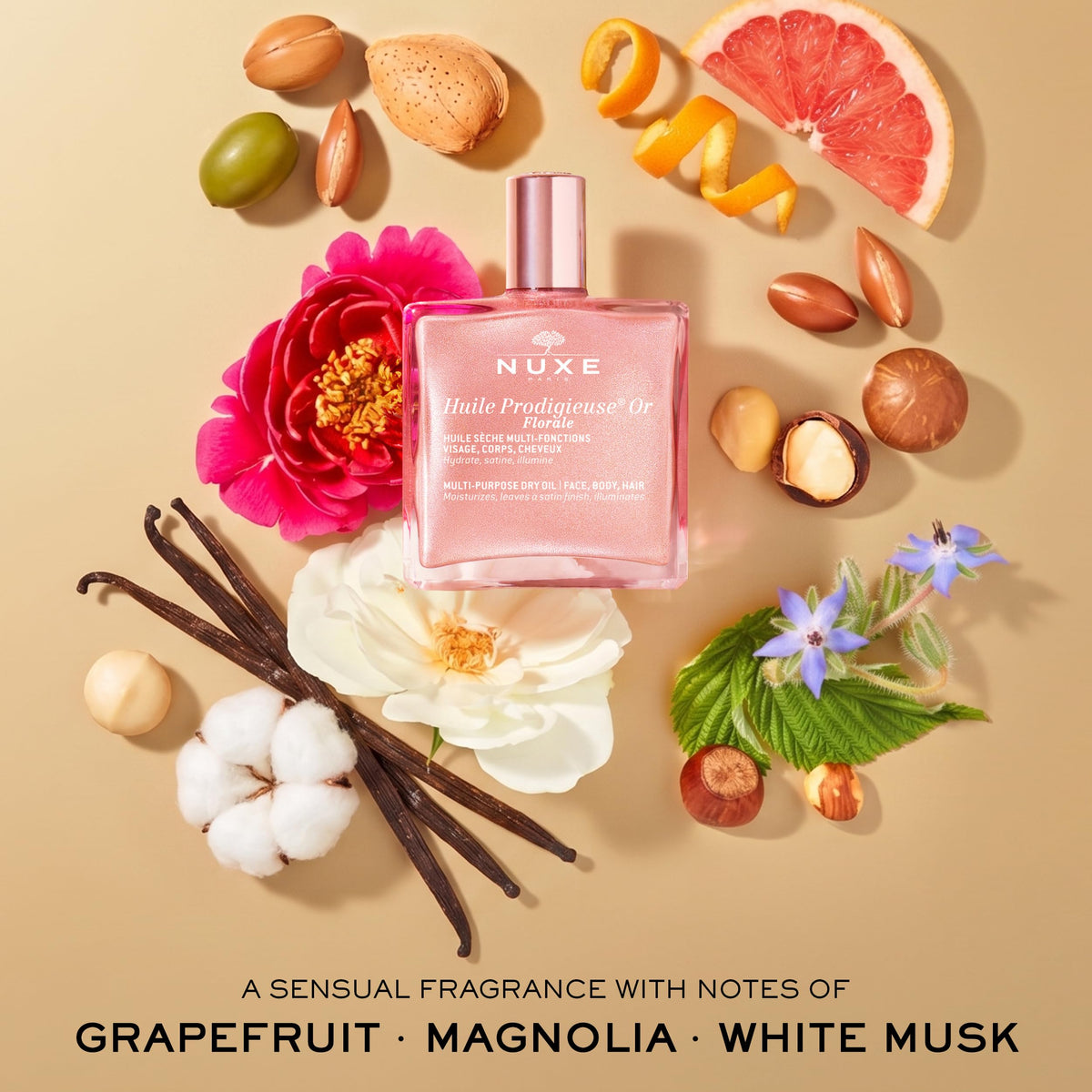 NUXE botanical ingredients flatlay showing seven plant oils and natural formulation benefits