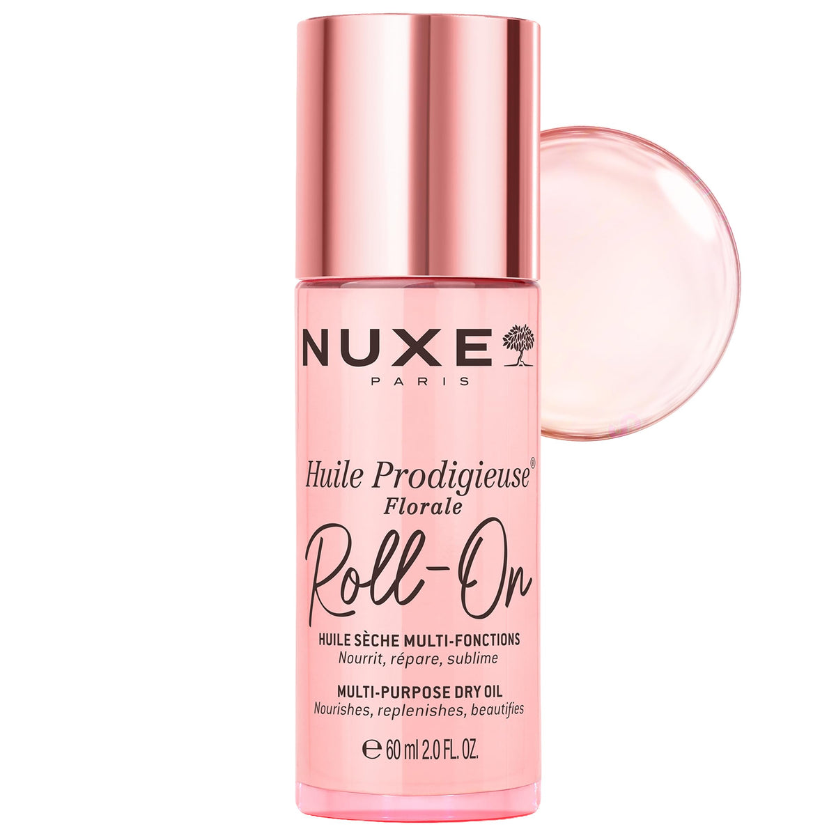 NUXE roll-on front packaging showing compact floral dry oil benefit: easy application