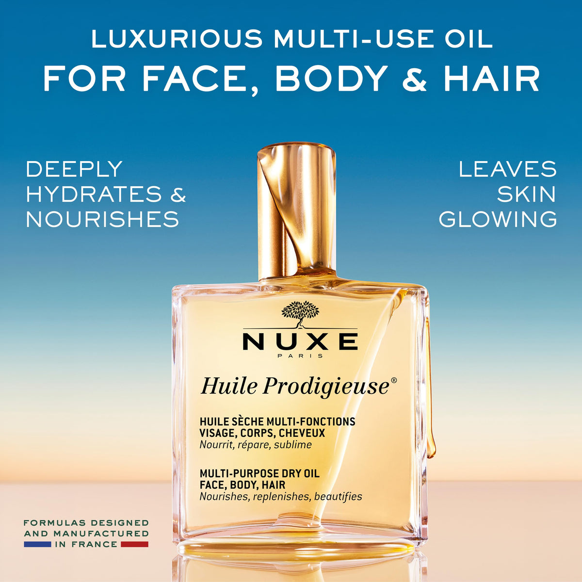 NUXE oil texture close-up highlighting lightweight finish and quick absorption benefit