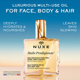 NUXE bottle with cap off dispensing oil illustrating controlled application and convenience