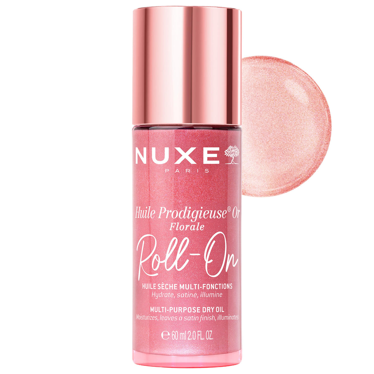 NUXE roll‑on front view showing compact bottle and branding with easy application benefit