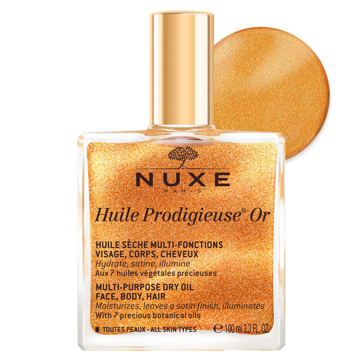 NUXE bottle front packaging showing shimmering dry oil and brand benefit