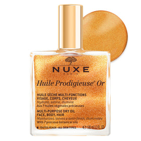 NUXE bottle front packaging showing shimmering dry oil and brand benefit