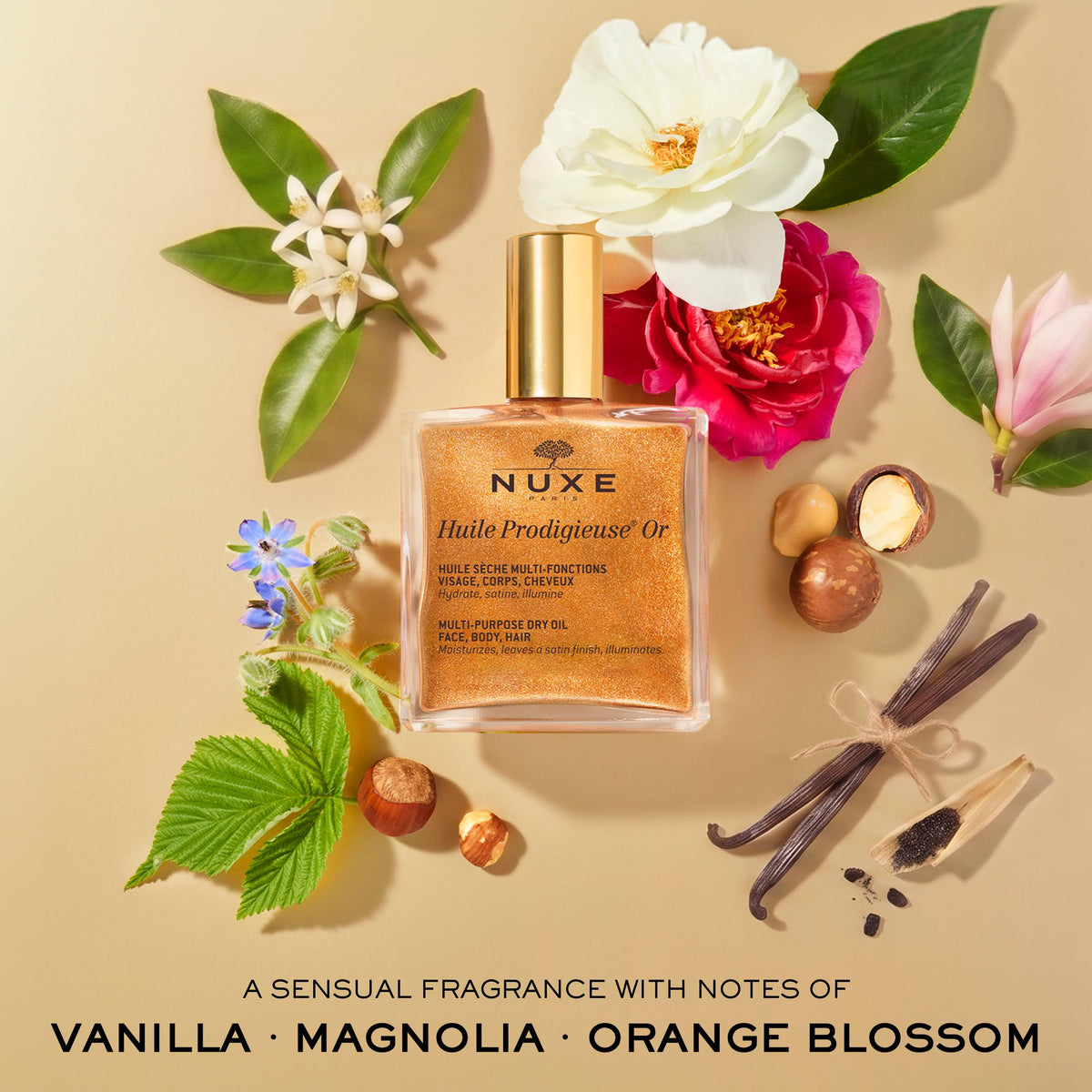 NUXE botanical ingredients flatlay showing natural-origin oils and nourishing benefit