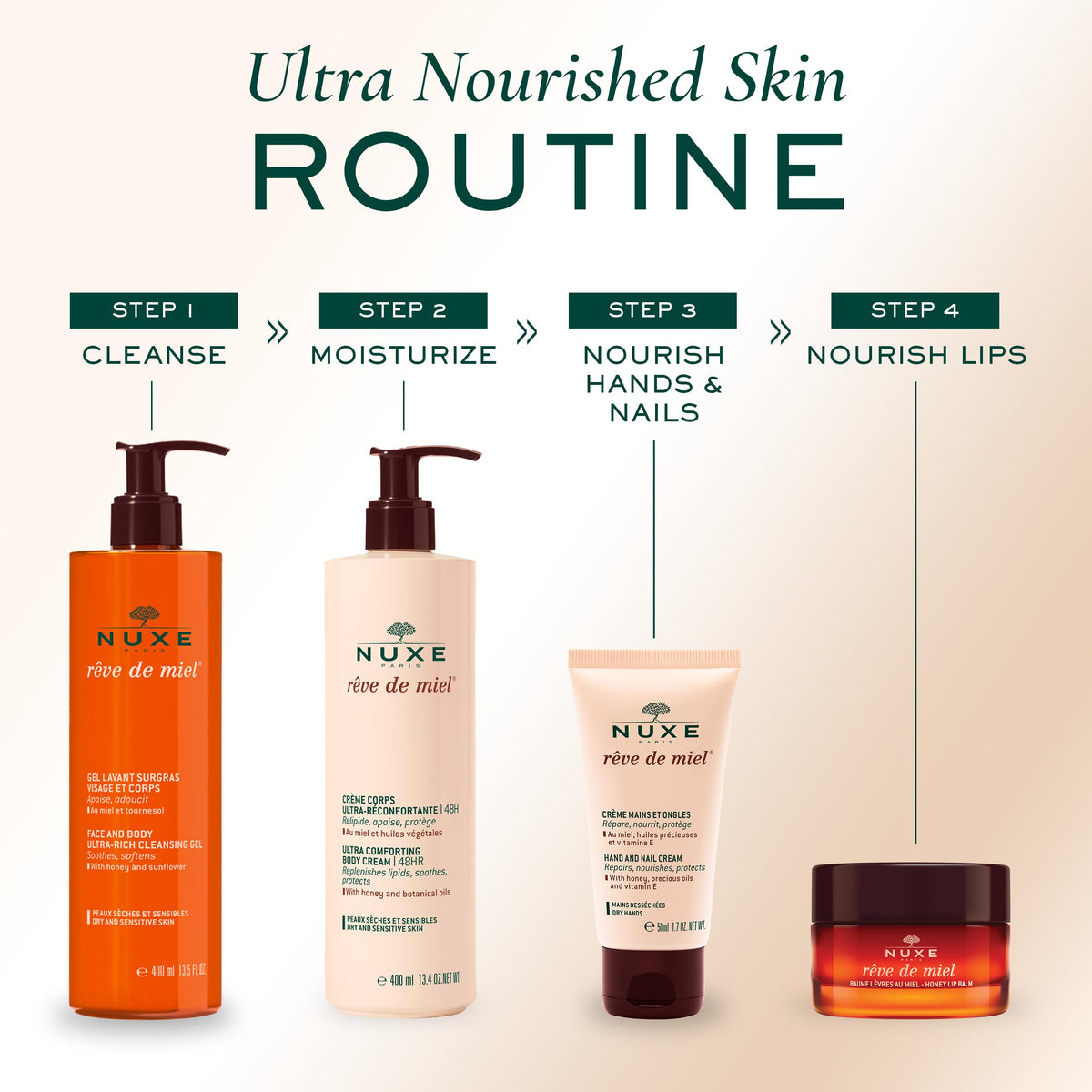 NUXE ingredients honey shea almond display showing natural-origin moisturizing benefits