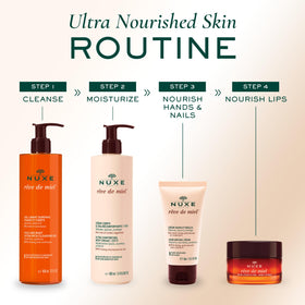 NUXE ingredients honey shea almond display showing natural-origin moisturizing benefits