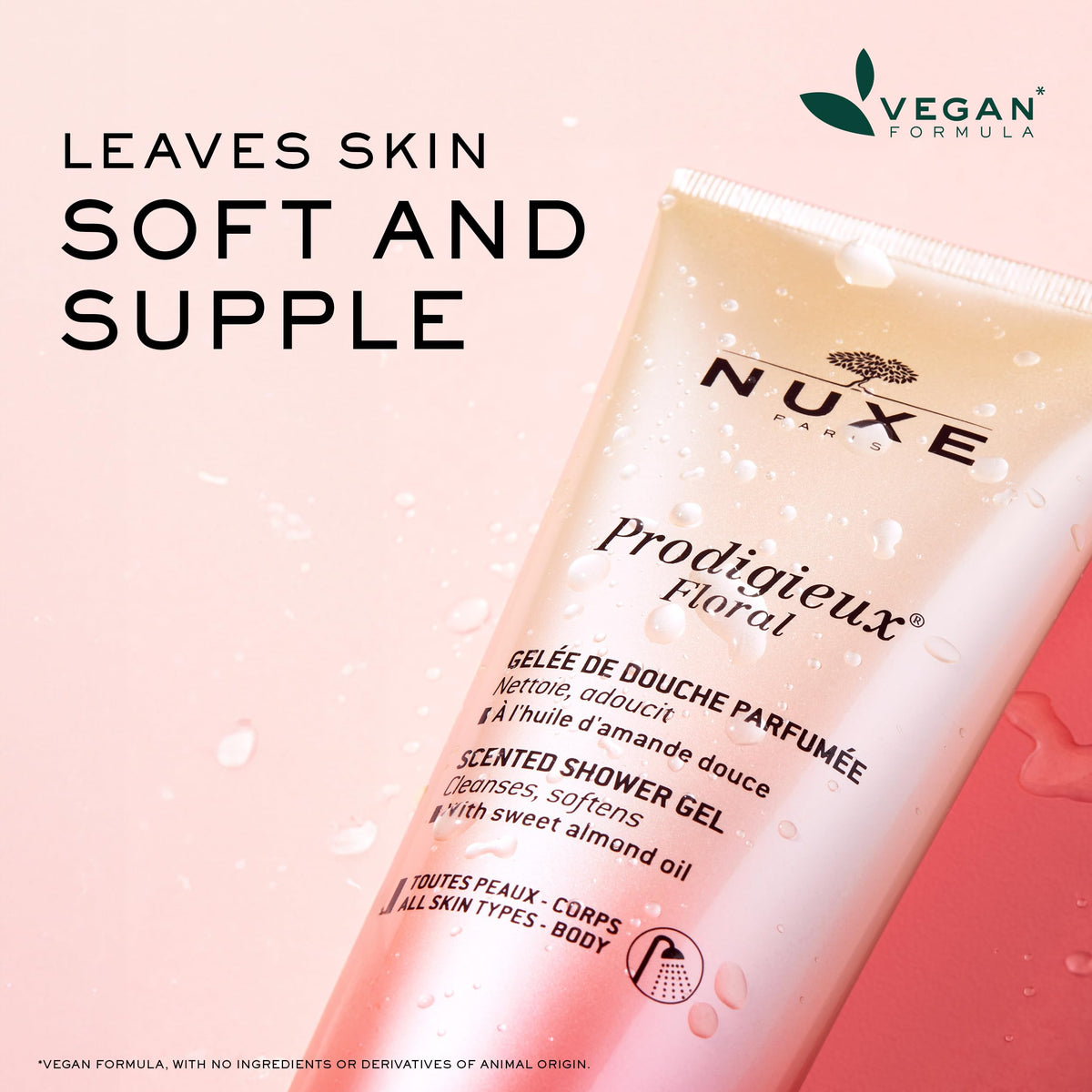 NUXE shower gel being dispensed from bottle, demonstrates easy application