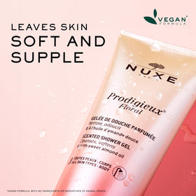NUXE shower gel being dispensed from bottle, demonstrates easy application