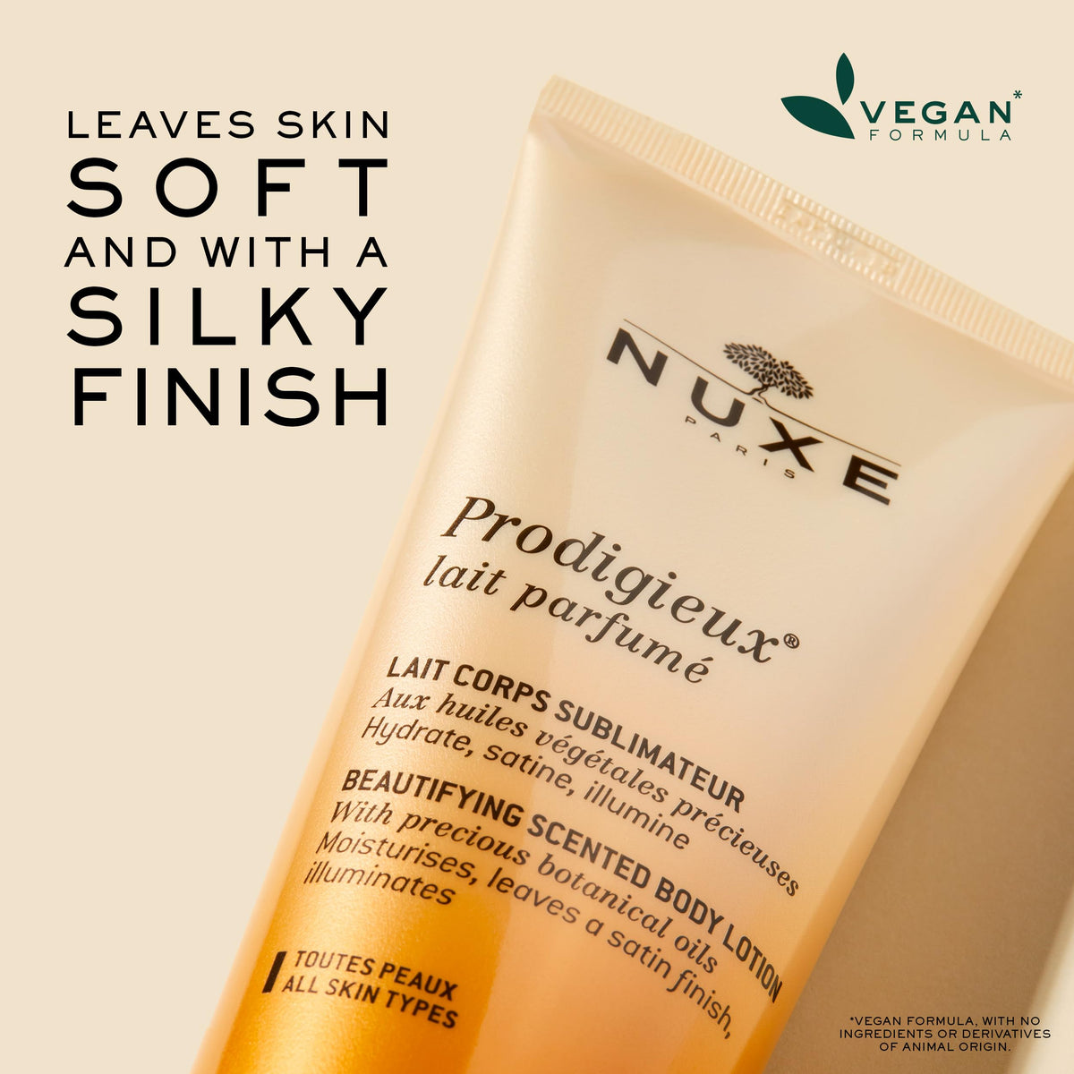 NUXE dispensing lotion from bottle to hand illustrating quick absorption