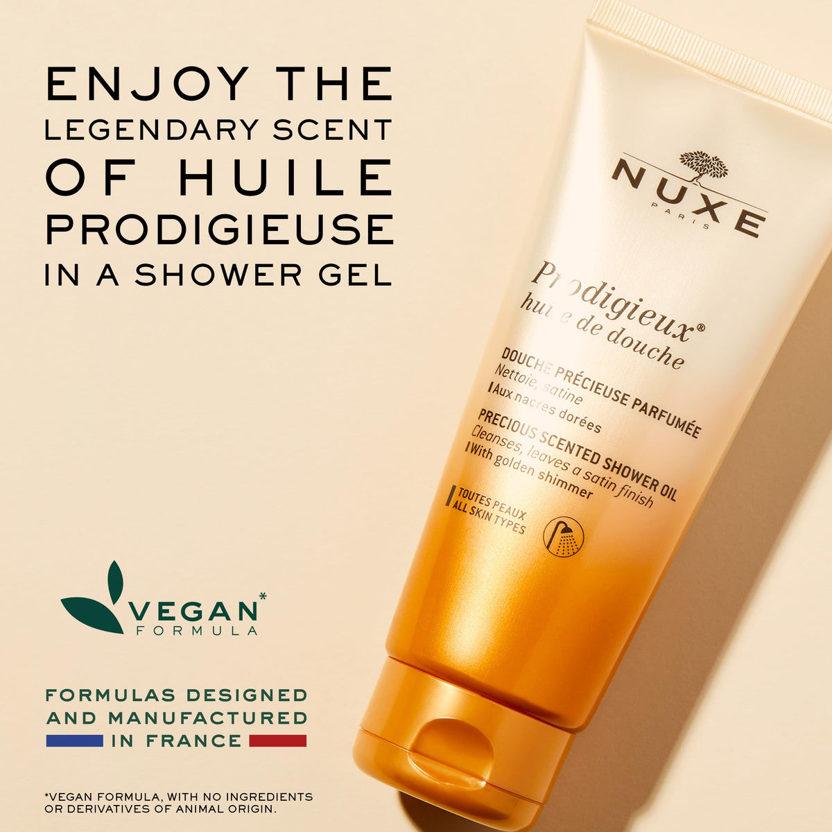 NUXE size comparison in hand showing travel-friendly 6.7 fl oz convenience