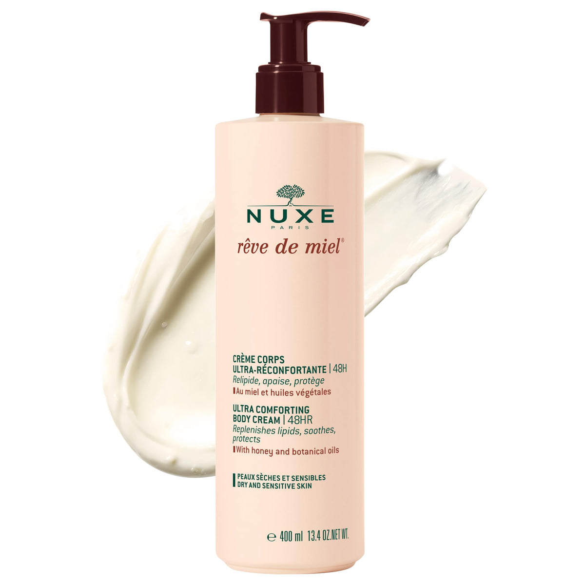NUXE jar front view showing label and 13.4 fl oz size benefits