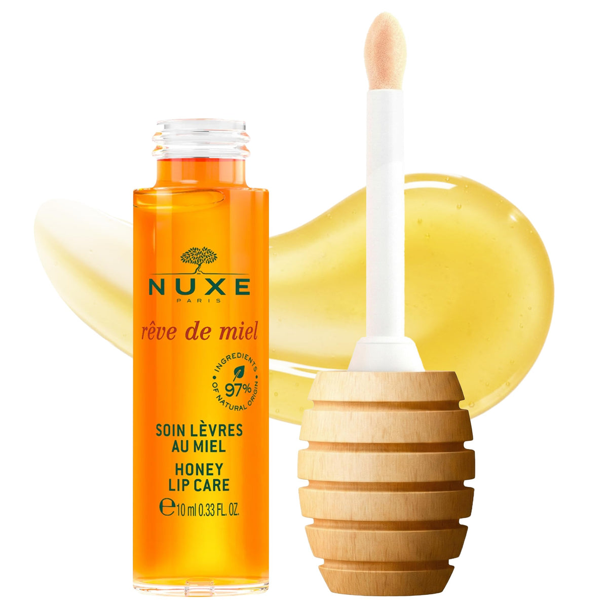 NUXE front packaging showing compact elegant bottle and glossy finish benefit