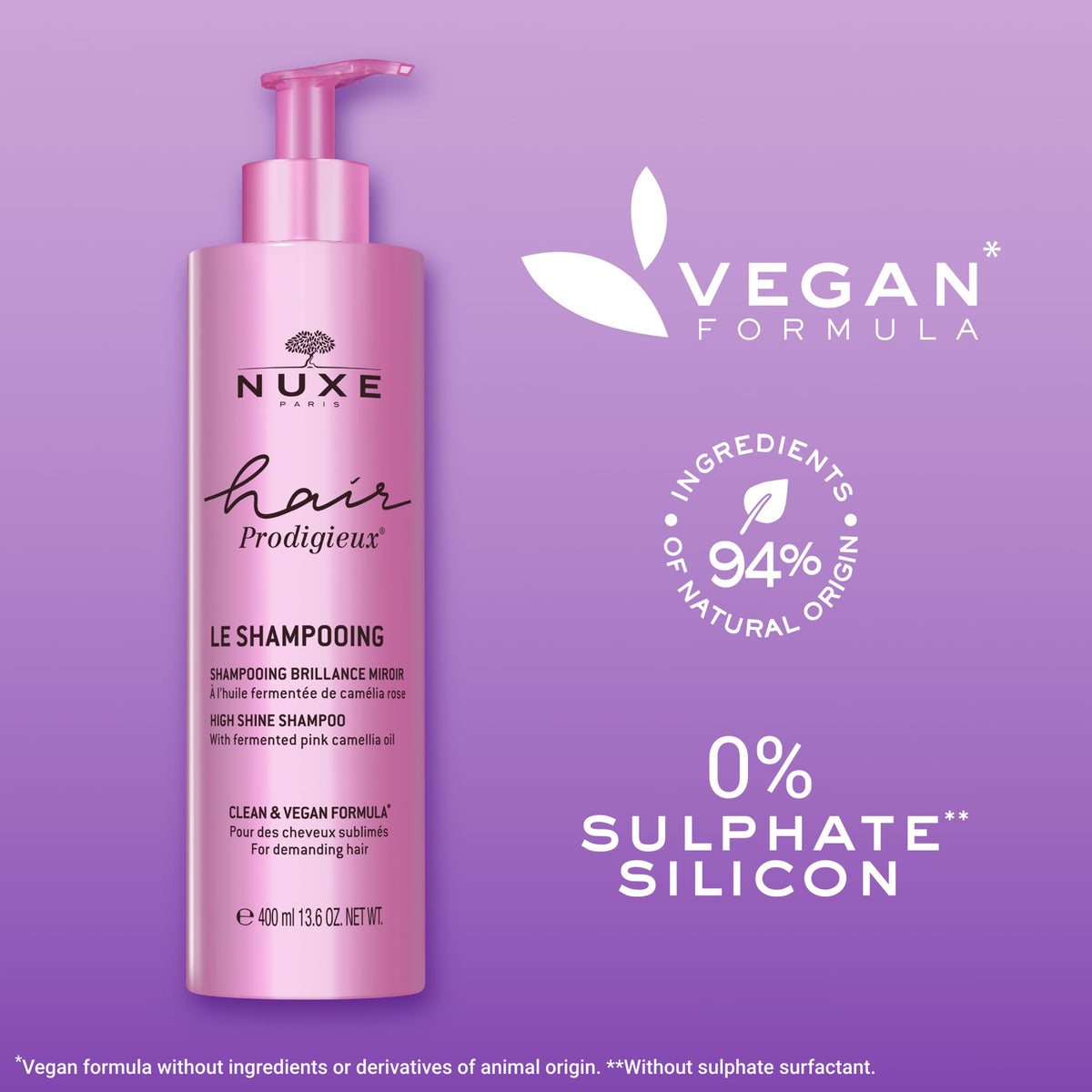 NUXE shampoo being applied to wet hair, illustrates in-shower shine and softness benefit