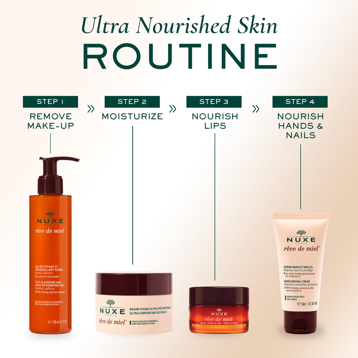 NUXE bottle next to hand showing 6.7 fl oz size and travel-friendly benefit