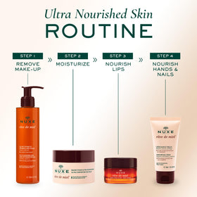 NUXE bottle next to hand showing 6.7 fl oz size and travel-friendly benefit