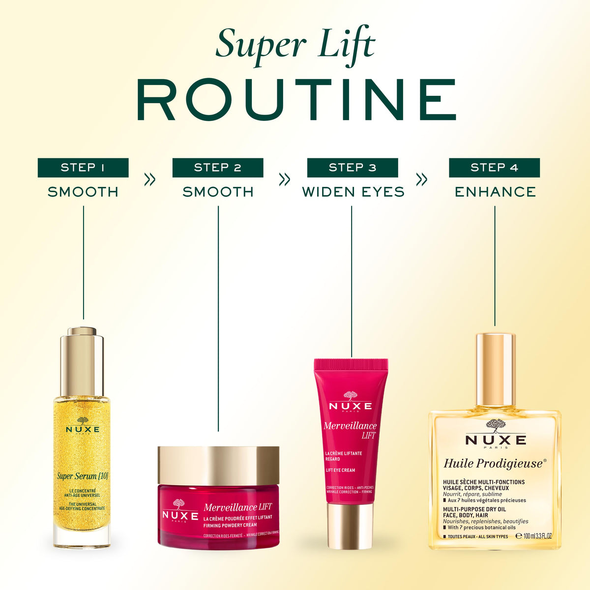 NUXE Super Serum on bathroom counter in lifestyle setting, suggests daily routine convenience