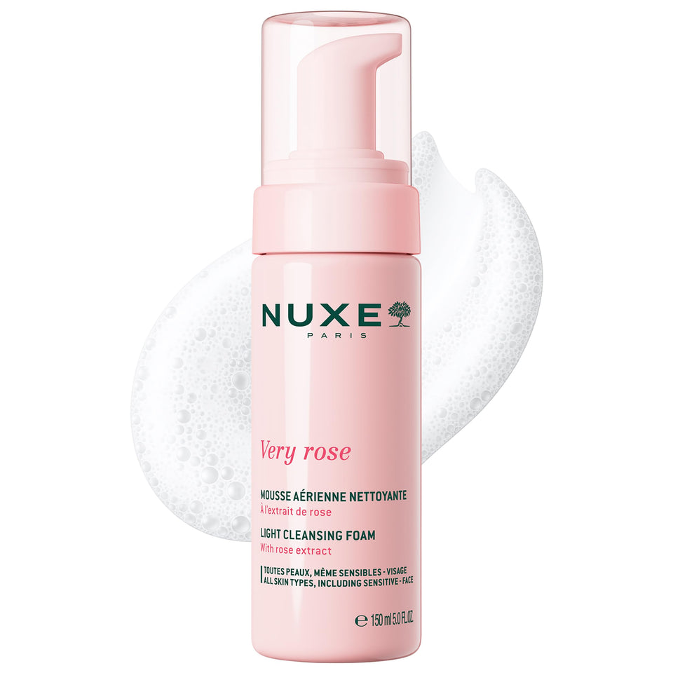 NUXE front packaging of Very Rose Cleansing Foam showing bottle and label benefit gentle cleansing