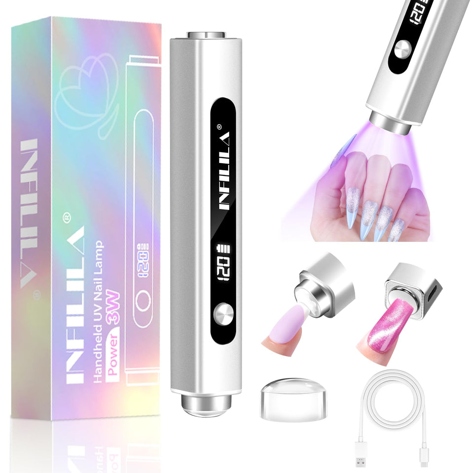 NXJ INFILILA front view of silver handheld nail lamp showing compact design and portability