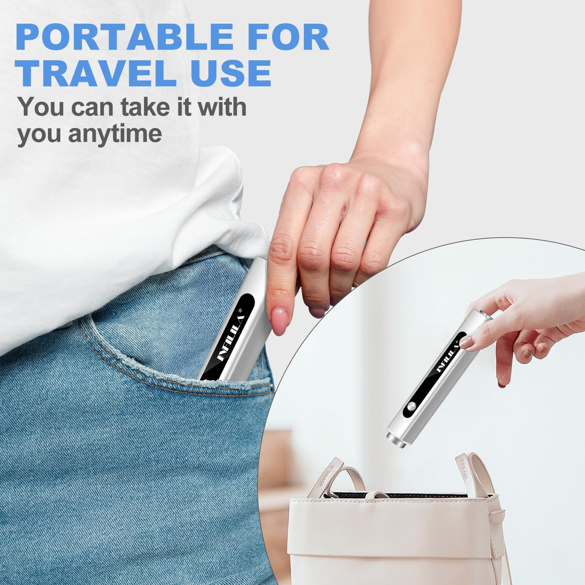 NXJ INFILILA inside travel pouch with accessories illustrating portability for on-the-go