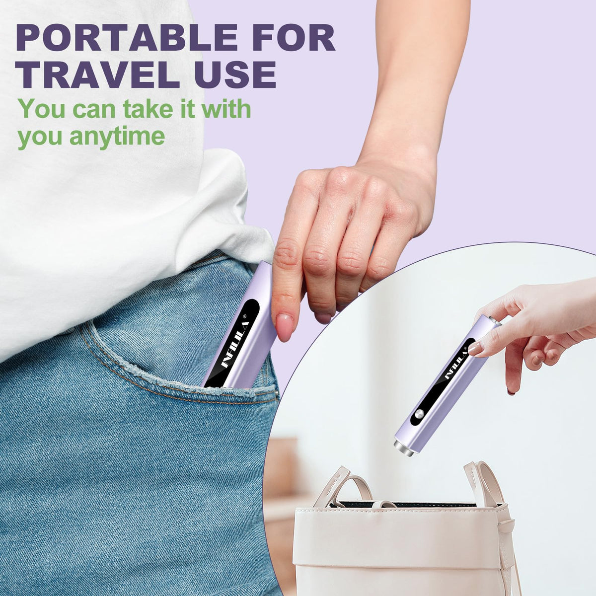 NXJ INFILILA scale next to a hand indicating palm-sized travel convenience