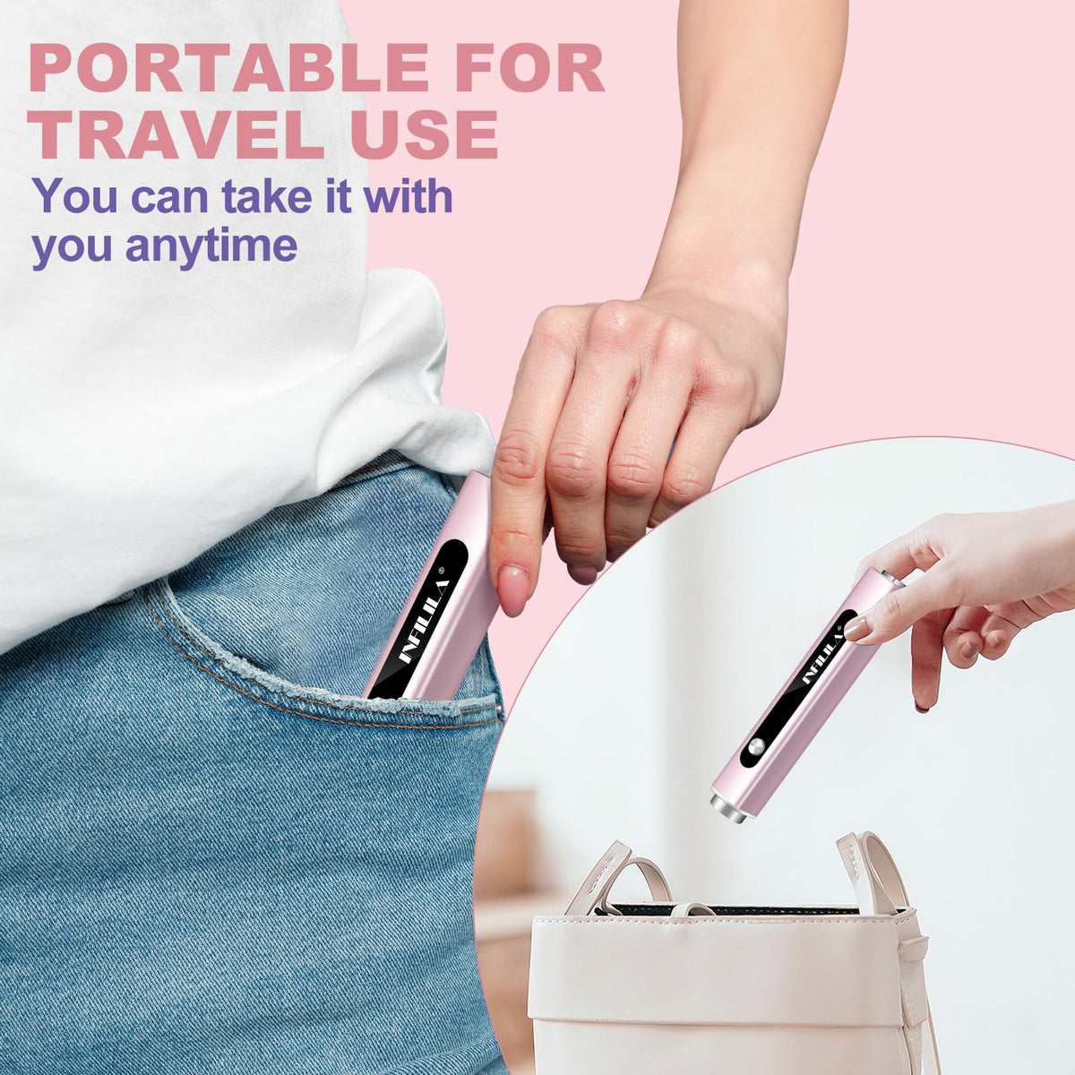 NXJ INFILILA in travel pouch on a vanity showing on-the-go nail prep benefits