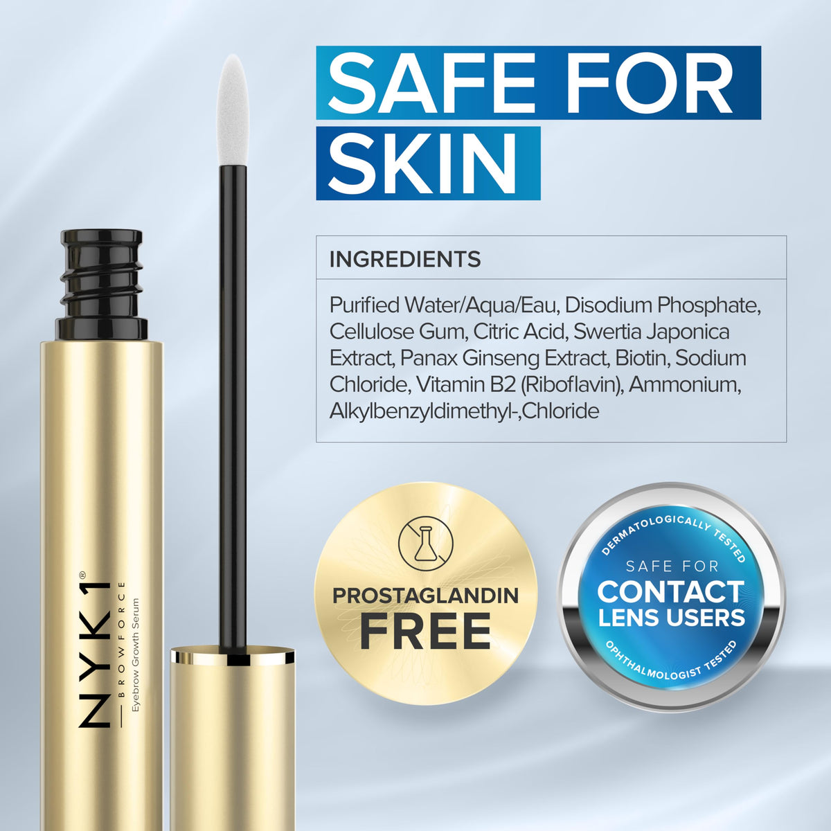 NYK1 label detail with ingredients and usage hints for safe eyebrow application