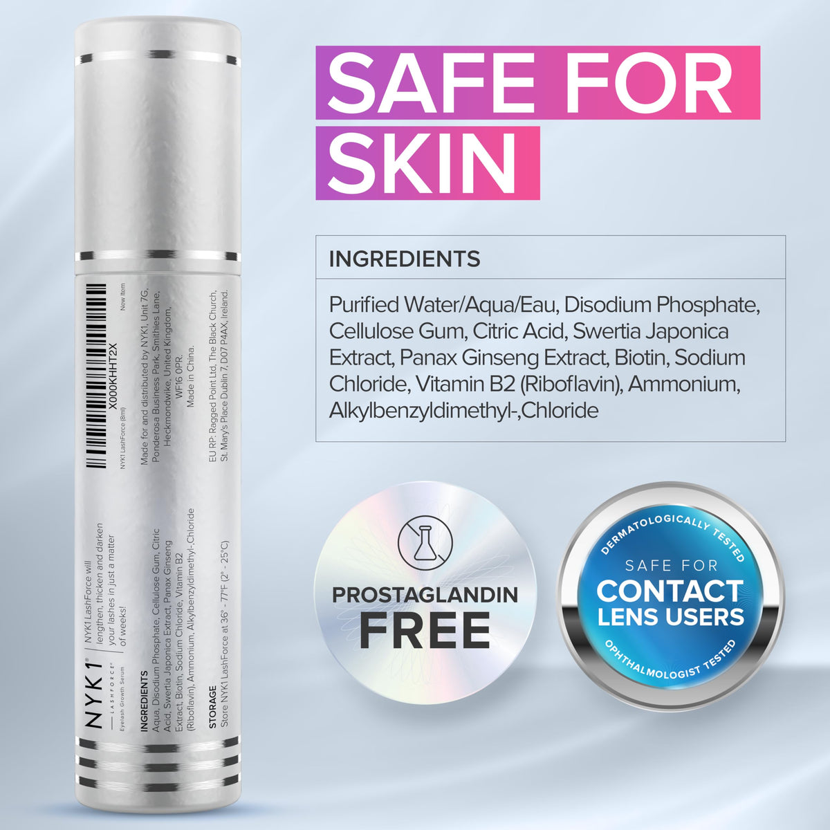 NYK1 LashForce label and ingredient panel highlighting gentle formula