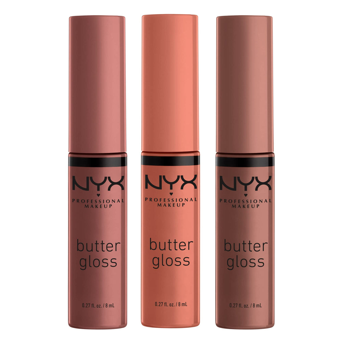 NYX PROFESSIONAL MAKEUP pack front showing three Butter Gloss tubes and colors for quick selection