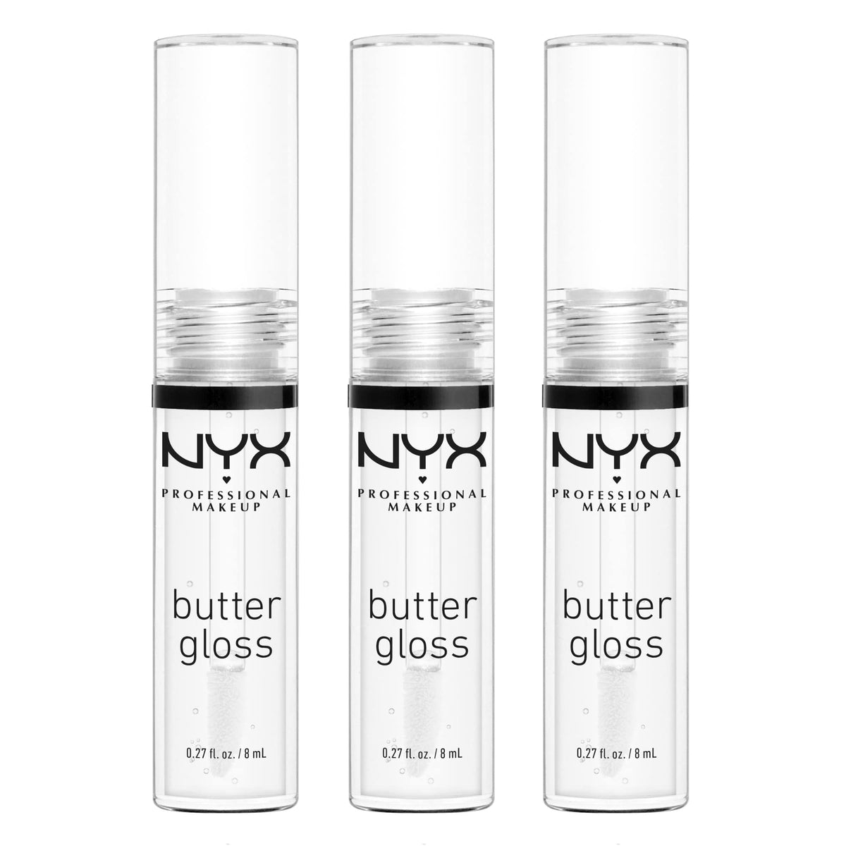 NYX PROFESSIONAL MAKEUP front packaging showing three Sugar Glass glosses for consistent shine