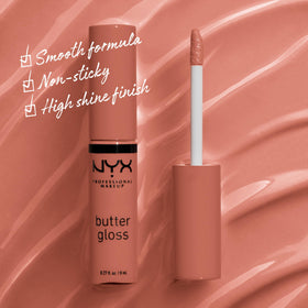 NYX PROFESSIONAL MAKEUP three individual Butter Gloss tubes aligned to display Sugar High Spiked Toffee Butterscotch