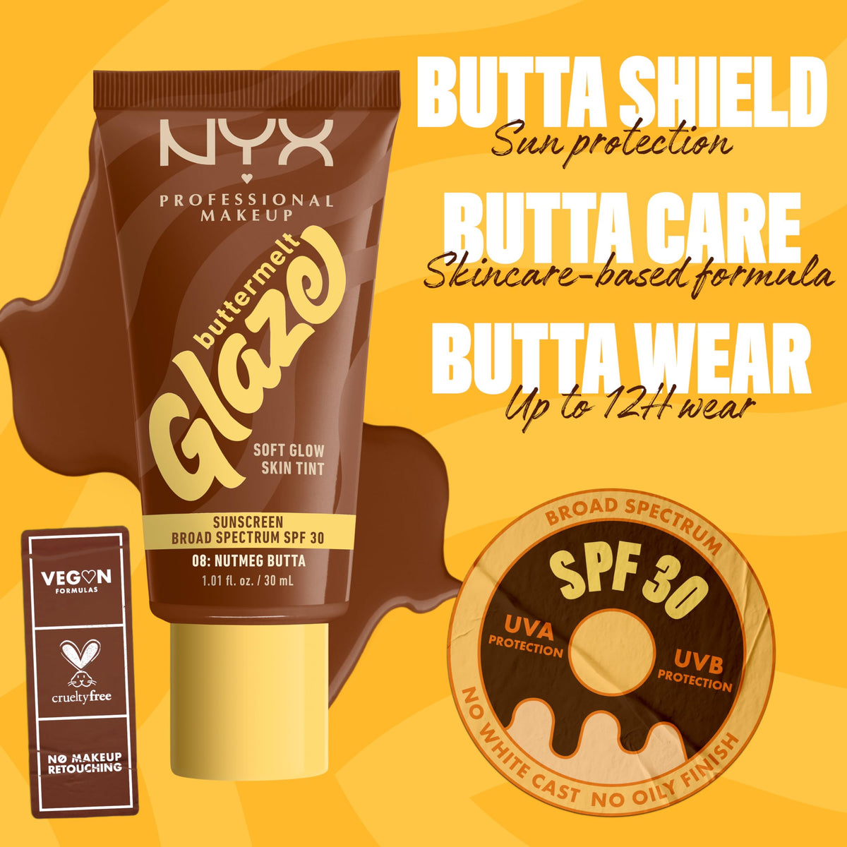 NYX PROFESSIONAL MAKEUP label detail showing SPF 30 protection benefits