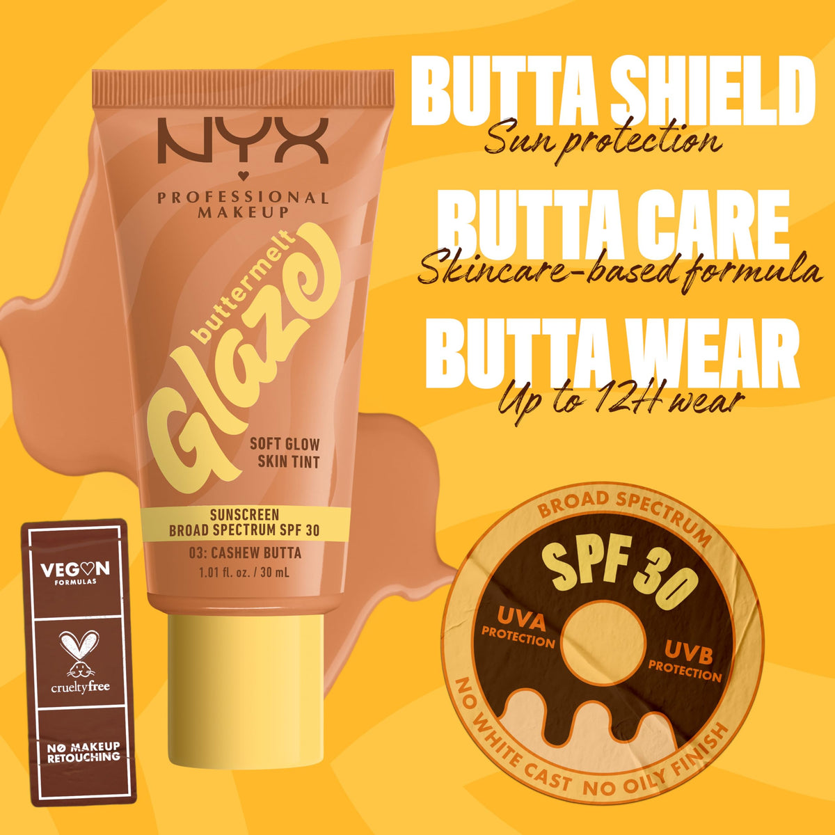 NYX PROFESSIONAL MAKEUP close-up label with SPF 30 to show sun protection