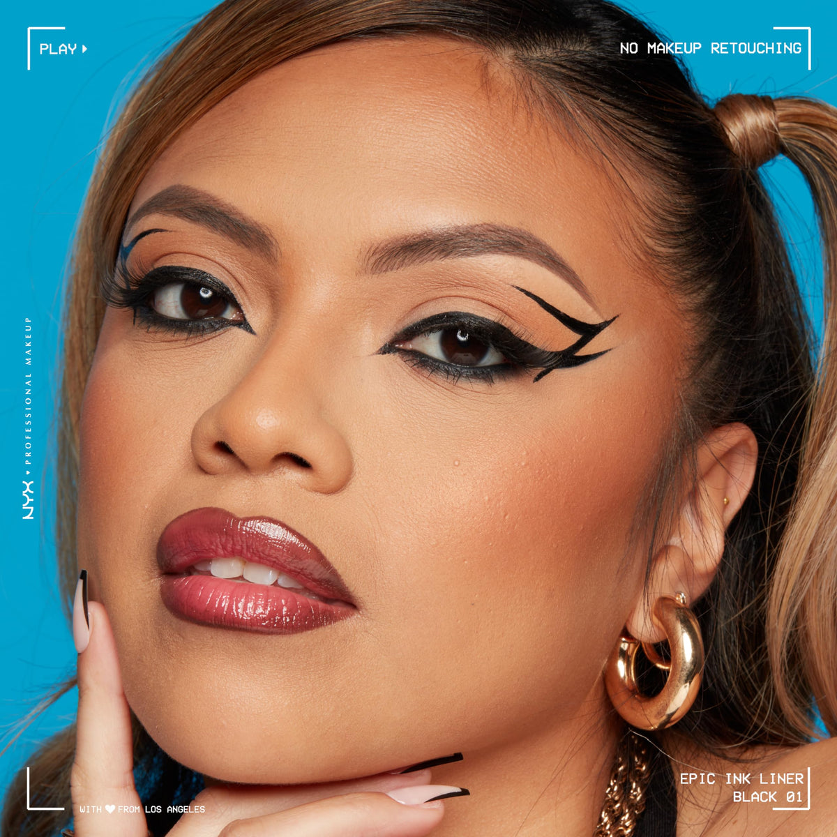 NYX Epic Ink Liner on model winged eye showcasing sharp wing and long-wear look