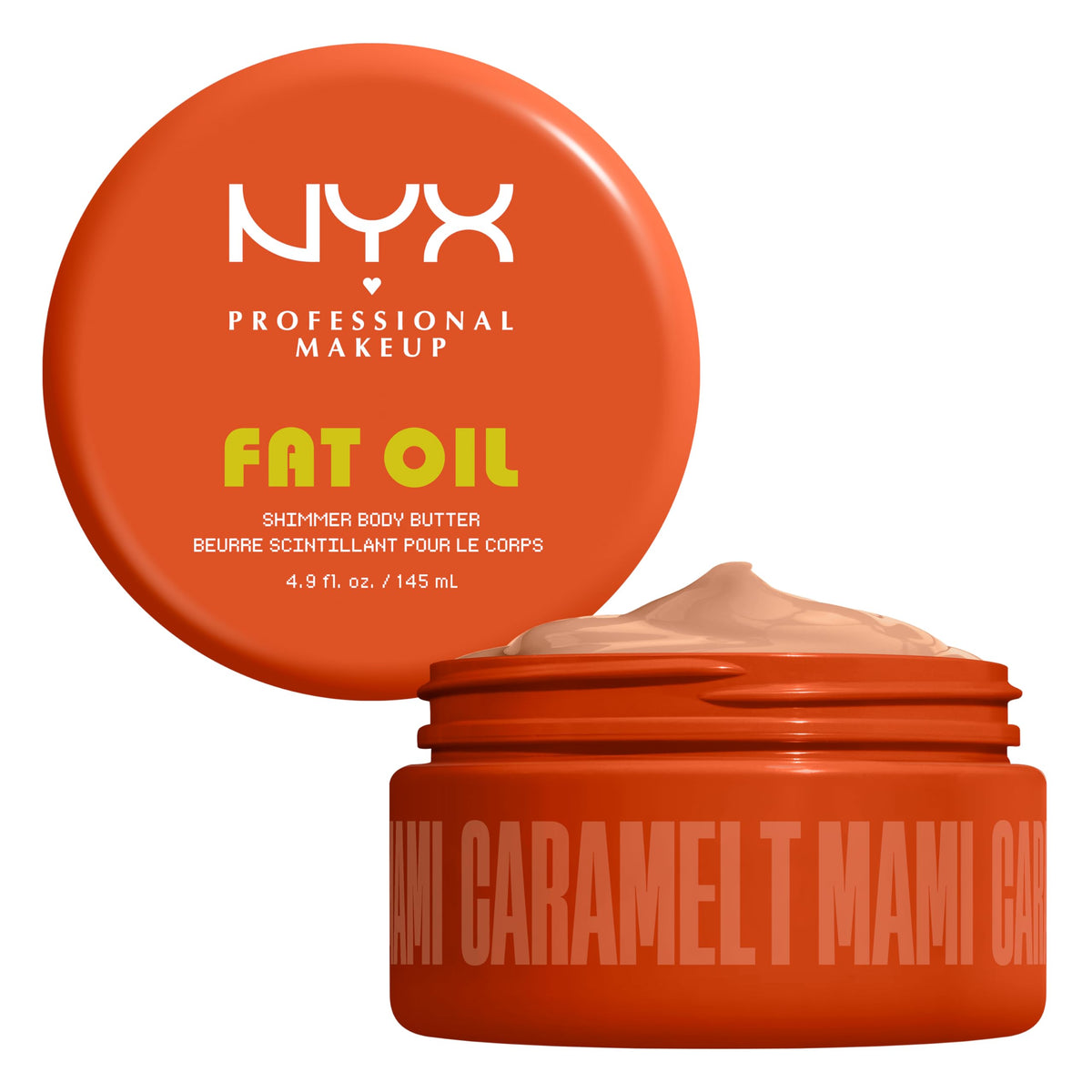 NYX PROFESSIONAL MAKEUP front jar showcasing caramel-scented body butter for visible glow