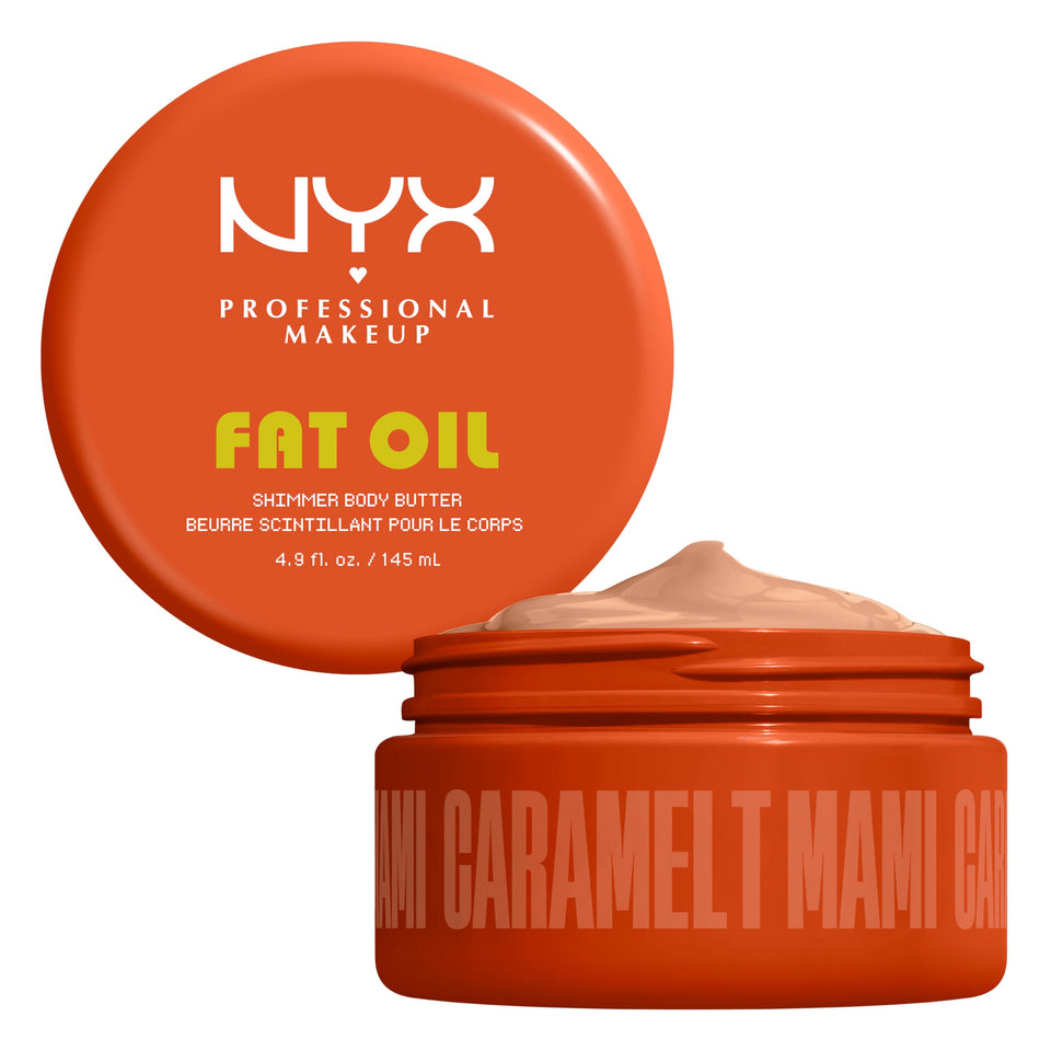 NYX PROFESSIONAL MAKEUP front jar showcasing caramel-scented body butter for visible glow