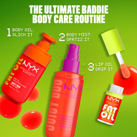 NYX PROFESSIONAL MAKEUP body oil on model at beach suggesting sunkissed, travel-ready glow