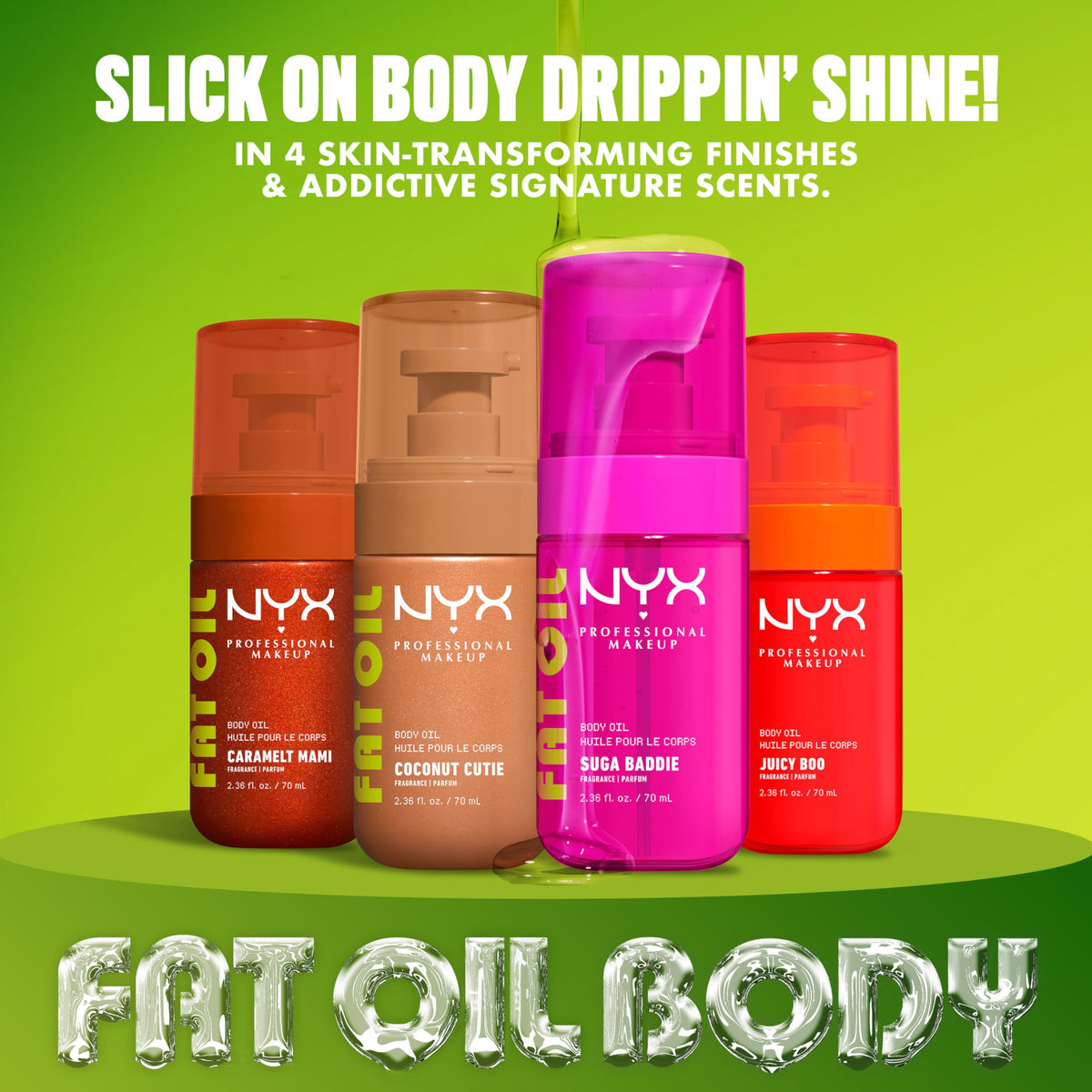 NYX Fat Oil beside a hand to show bottle size and travel-friendly benefit